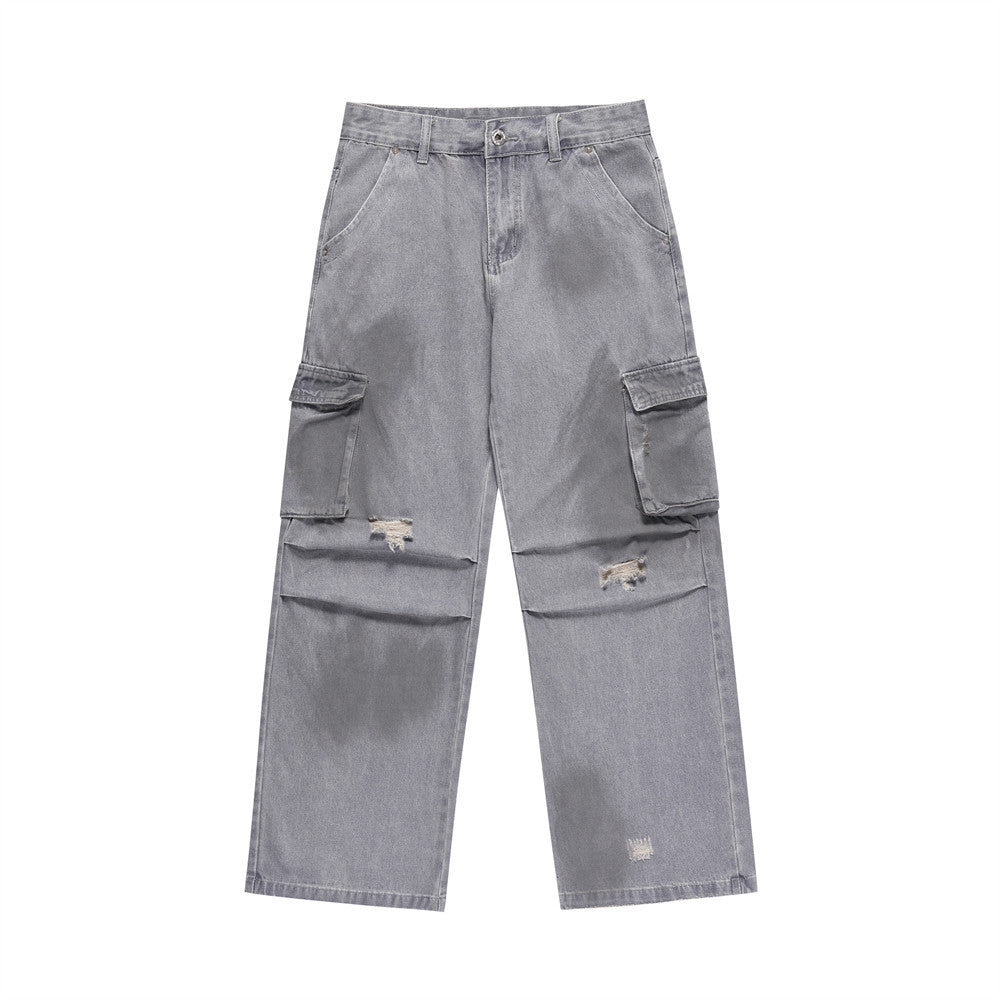 High Street American Retro Washed And Worn Ripped Leisure Straight-leg Denim Trousers
