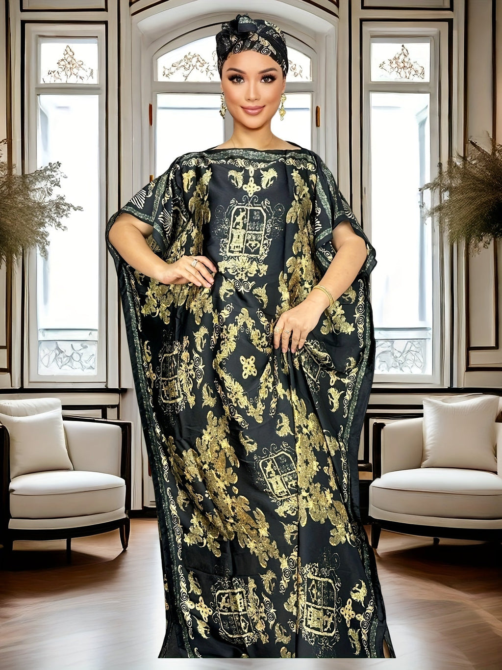 Vestito kaftan a stampa completa da donna, vestito maxi elegante con maniche a pipistrello, taglia morbida Valstrend.
