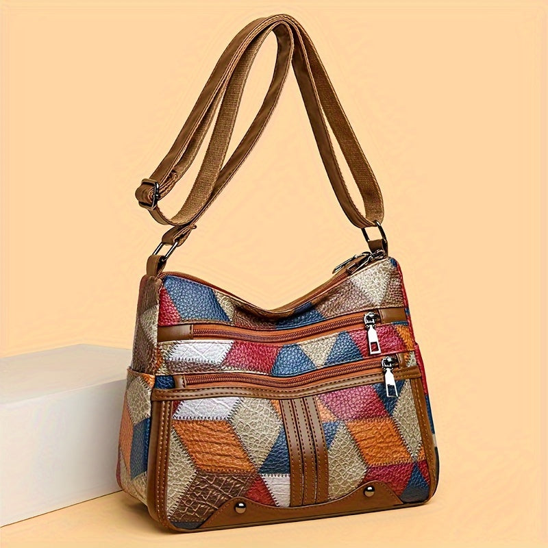 Borsa donna elegante con stampa geometrica in pelle sintetica, tracolla regolabile, ideale per uso quotidiano e viaggi di lavoro.