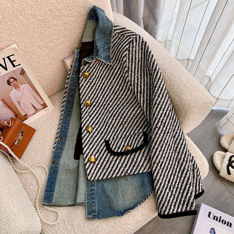 Giacca donna in denim stile classico autunno-inverno con cuciture moda, marca Valstrend, con dettagli eleganti e taglio classico.