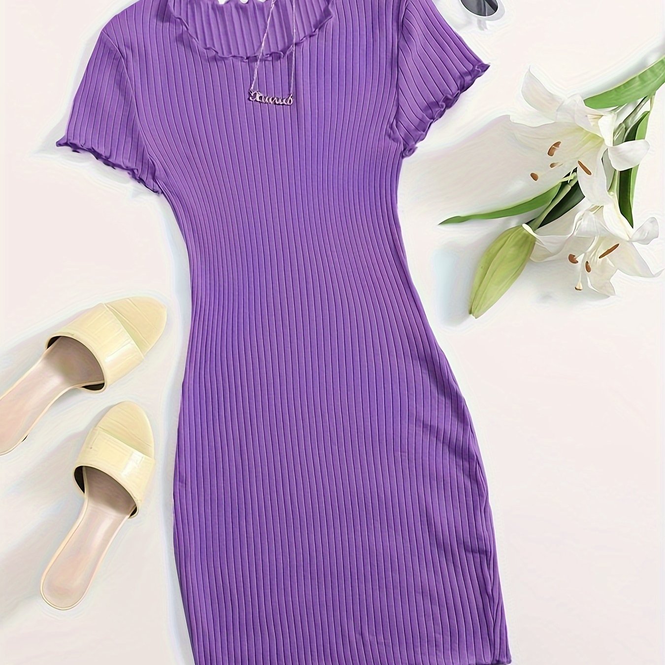 Solid Color Lettuce Trim Dress, Versatile Crew Neck Short Sleeve Slim Dress For Spring & Summer, Women's Clothing