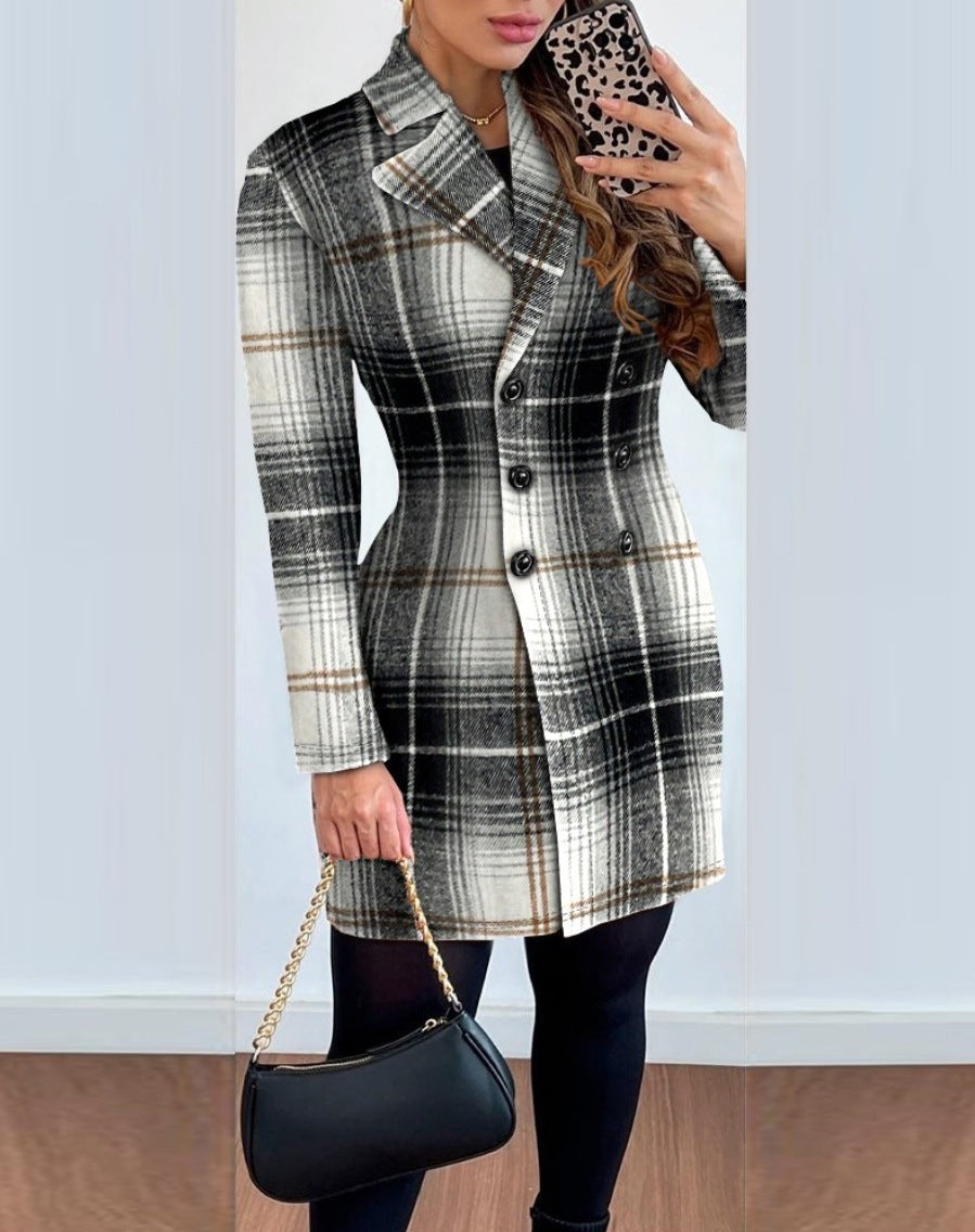 Cappotto donna Valstrend con collo a doppio petto, stampa e maniche lunghe, elegante e caldo.