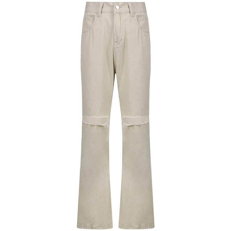 Pantaloni casual a zampa larga in denim con vita alta e strappi, modello Valstrend shop, pantaloni trendy e comodi per ogni occasione