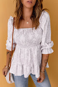 Ruffled Pleated Su Fold Printed Square Collar Short Sleeve Top