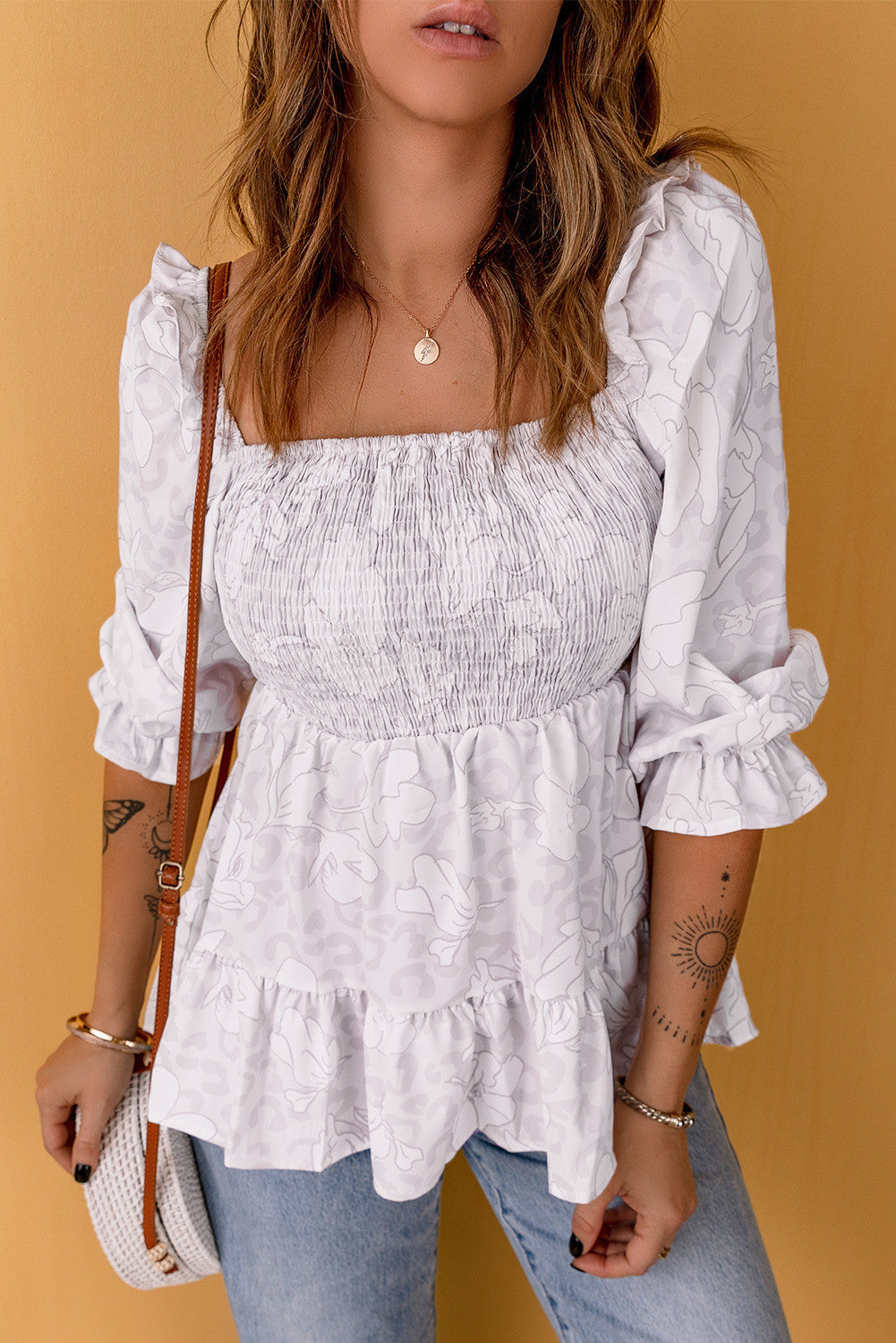 Ruffled Pleated Su Fold Printed Square Collar Short Sleeve Top