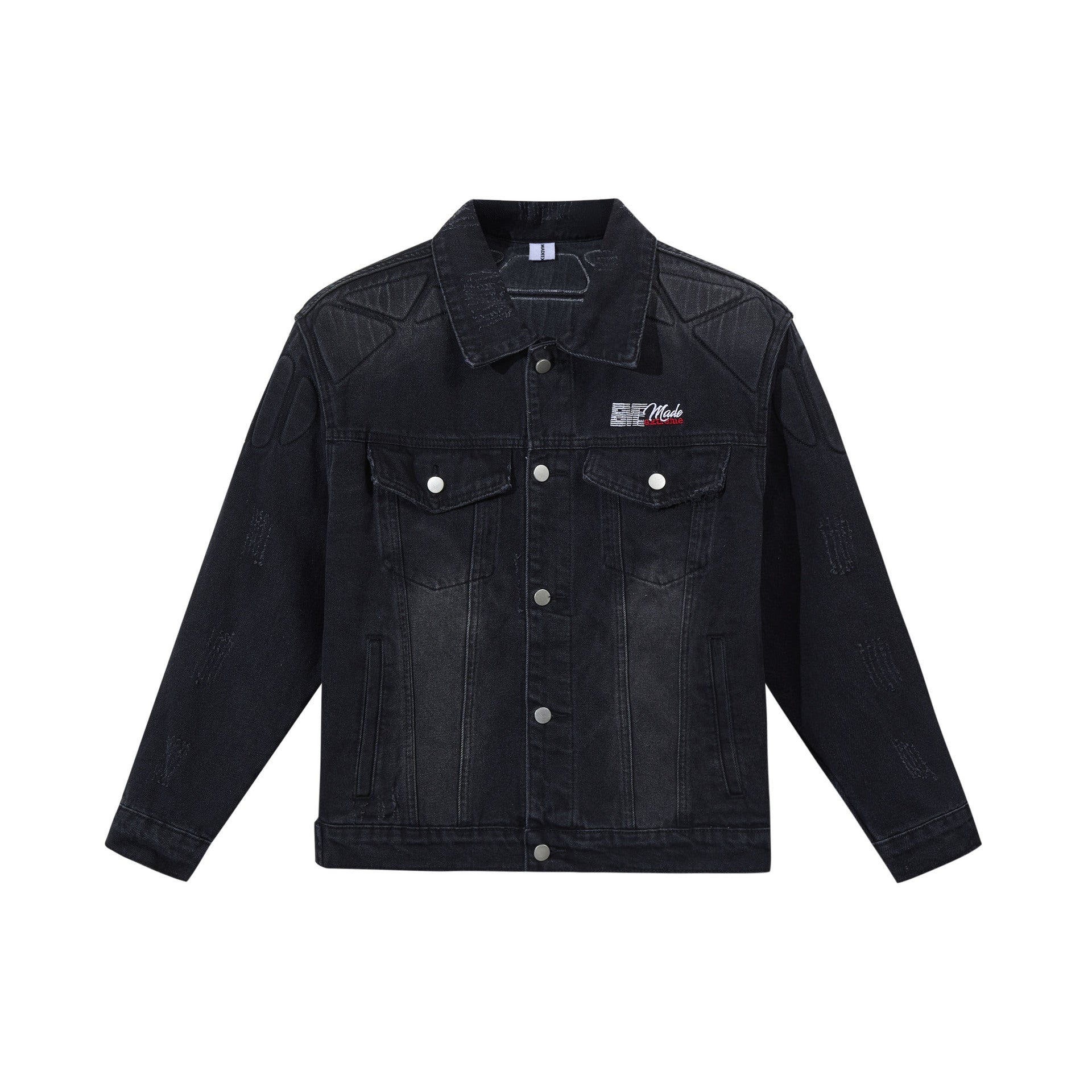 Giacca di jeans Valstrend con ricami, effetto usurato e cuciture in stile armatura, stile street high street, dettaglio visibile.