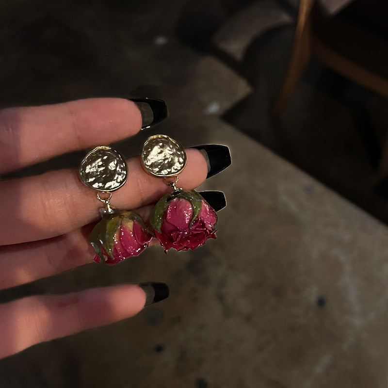 Orecchini donna in argento con fiori eterni in stile francese, design retrò con rosa in rilievo, marchio Valstrend shop