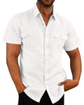 Camicia da uomo Valstrend con doppio taschino, cotone e lino, maniche corte, vista frontale con dettagli del tessuto.