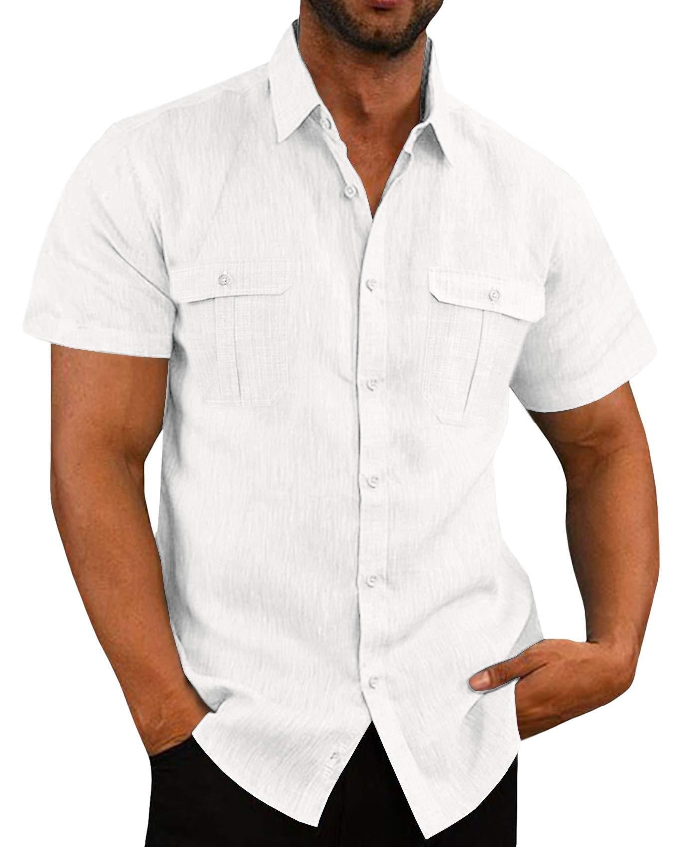 Camicia da uomo Valstrend con doppio taschino, cotone e lino, maniche corte, vista frontale con dettagli del tessuto.