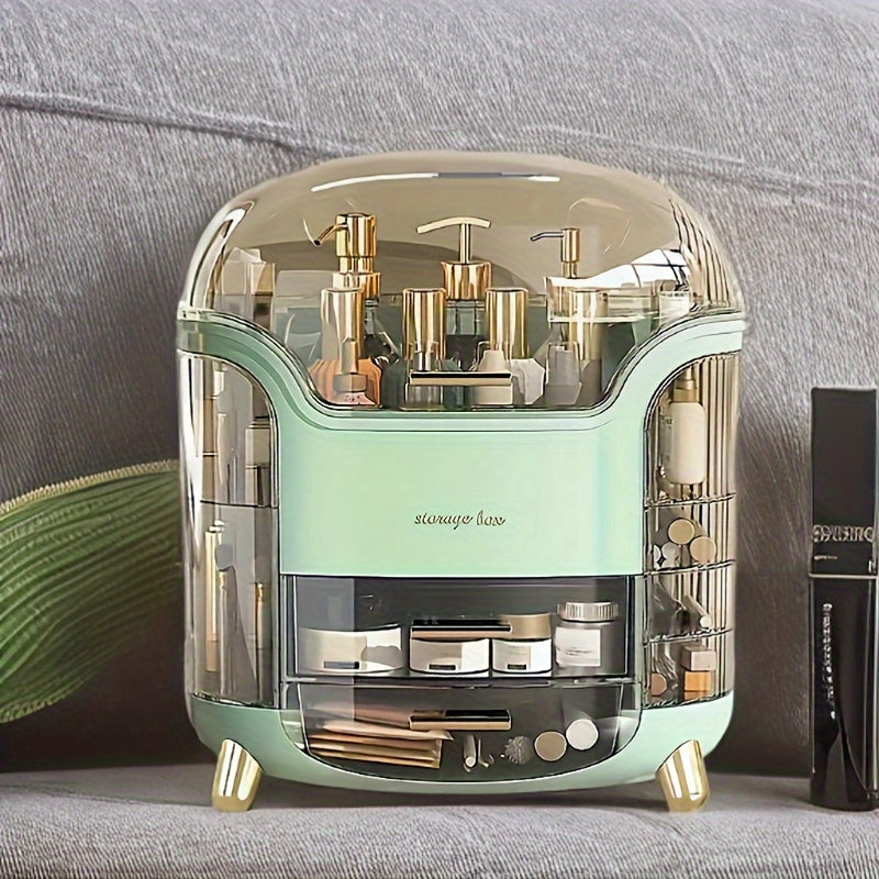Organizzatore multi-livello Valstrend per cosmetici e gioielli, con cassetti regolabili e design dustproof in bianco e verde.