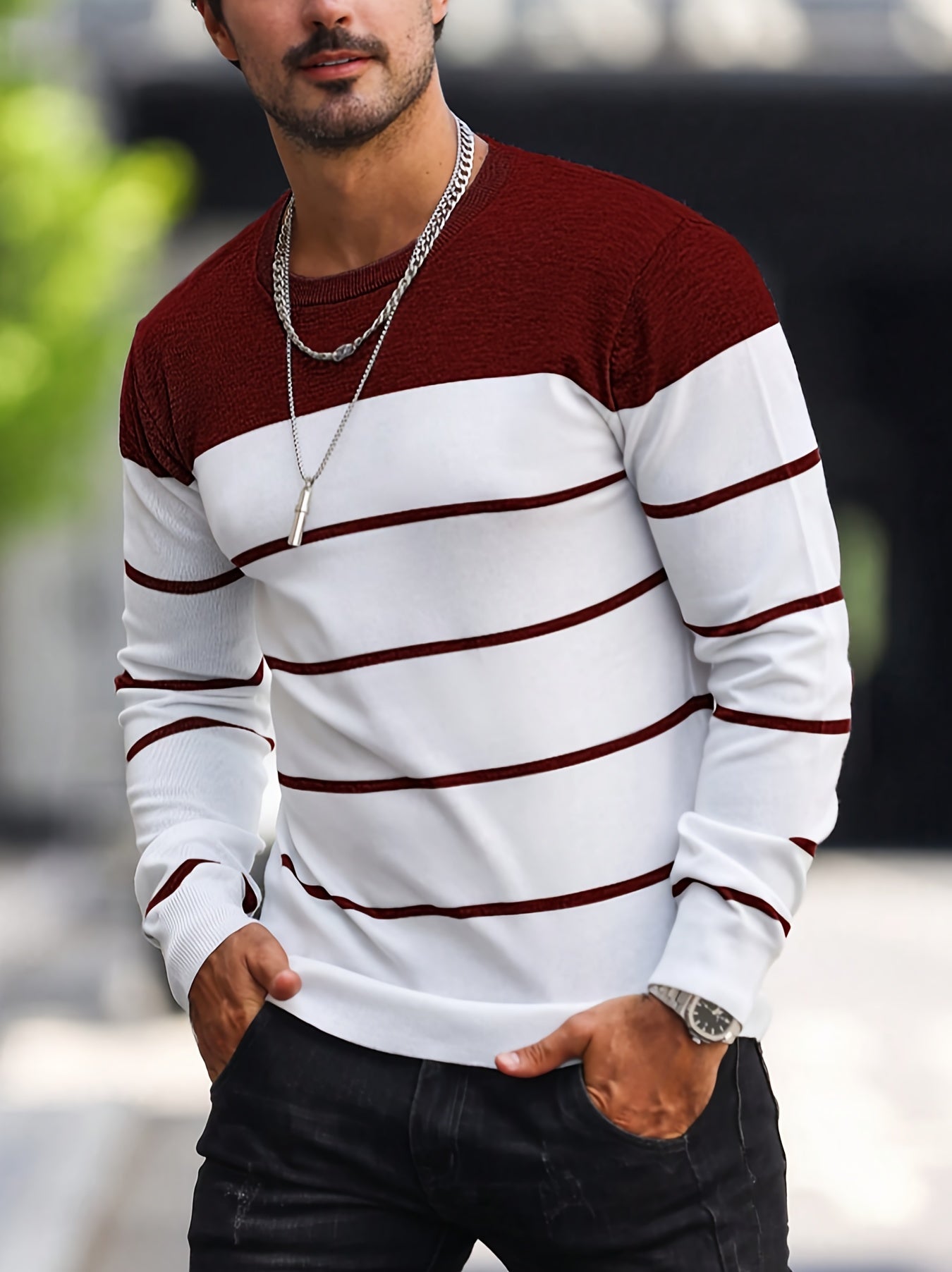 Maglione da uomo a righe Valstrend, maglia casual a maniche lunghe con collo giro, ideale per autunno e primavera