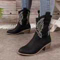 Stivaletti da donna Valstrend con tacco chunky, punta affilata, stile etnico, ricami, alti fino al polpaccio, scarpe invernali western