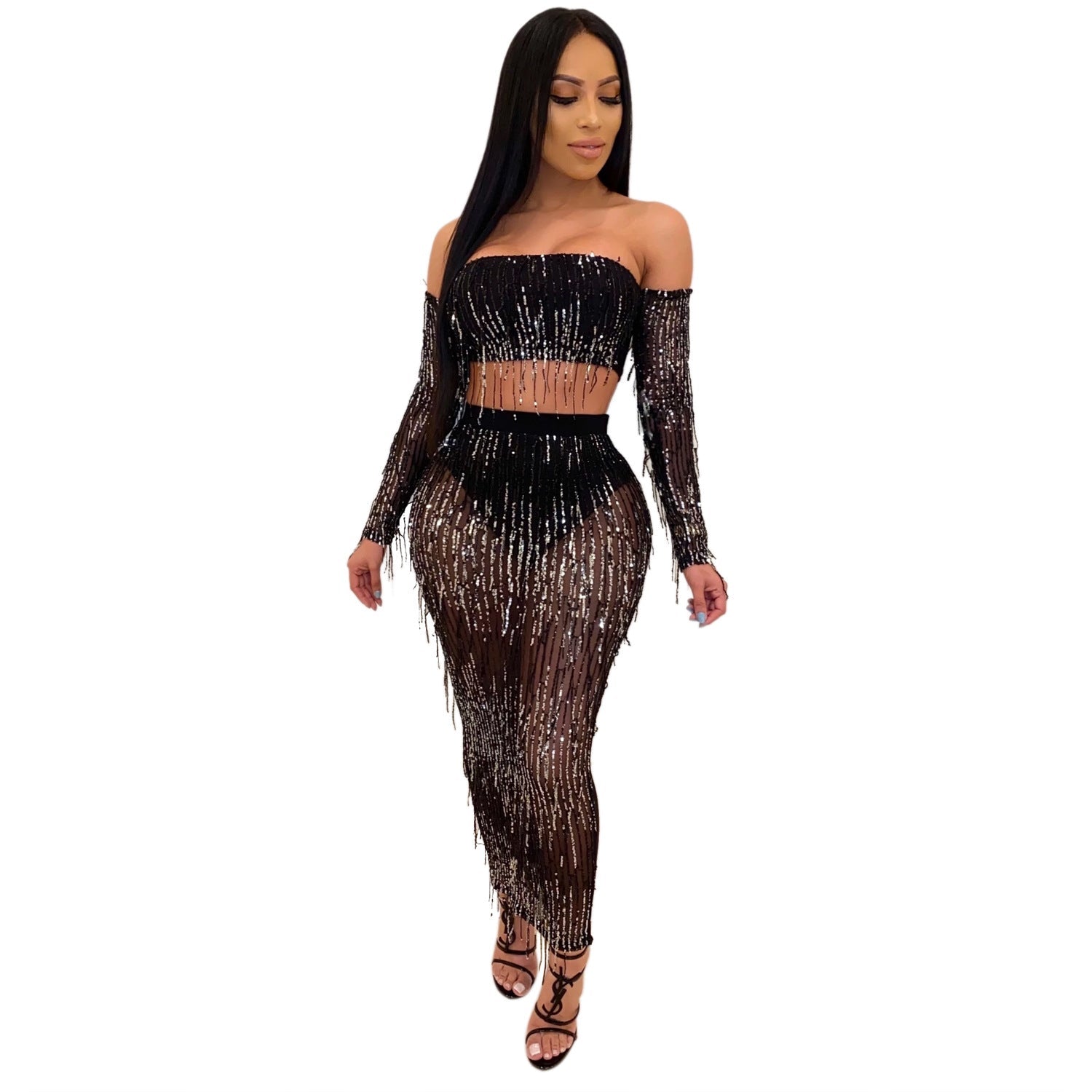 Set due pezzi sexy in mesh trasparente con paillettes e frange, moda Valstrend, abbigliamento illuminante e audace per feste.