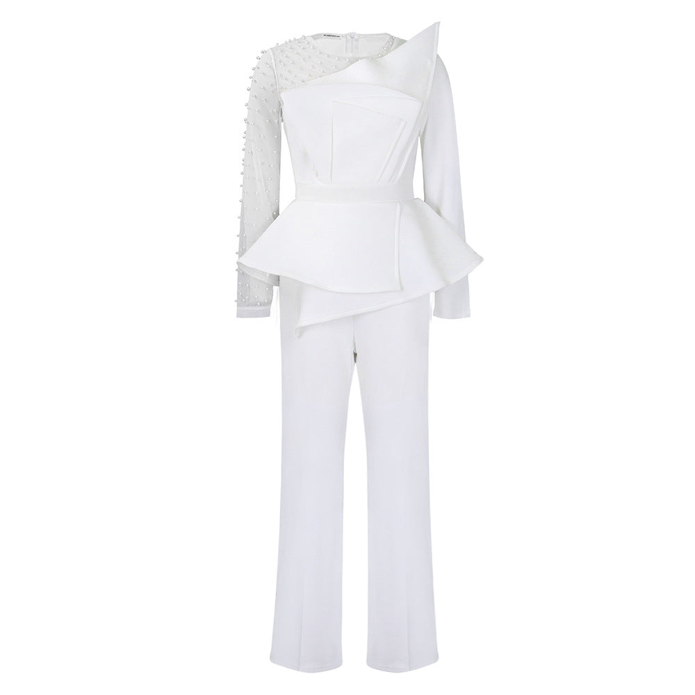 Comodo jumpsuit lungo con maniche a rete e dettagli di perline, taglia plus size, marca Valstrend shop.