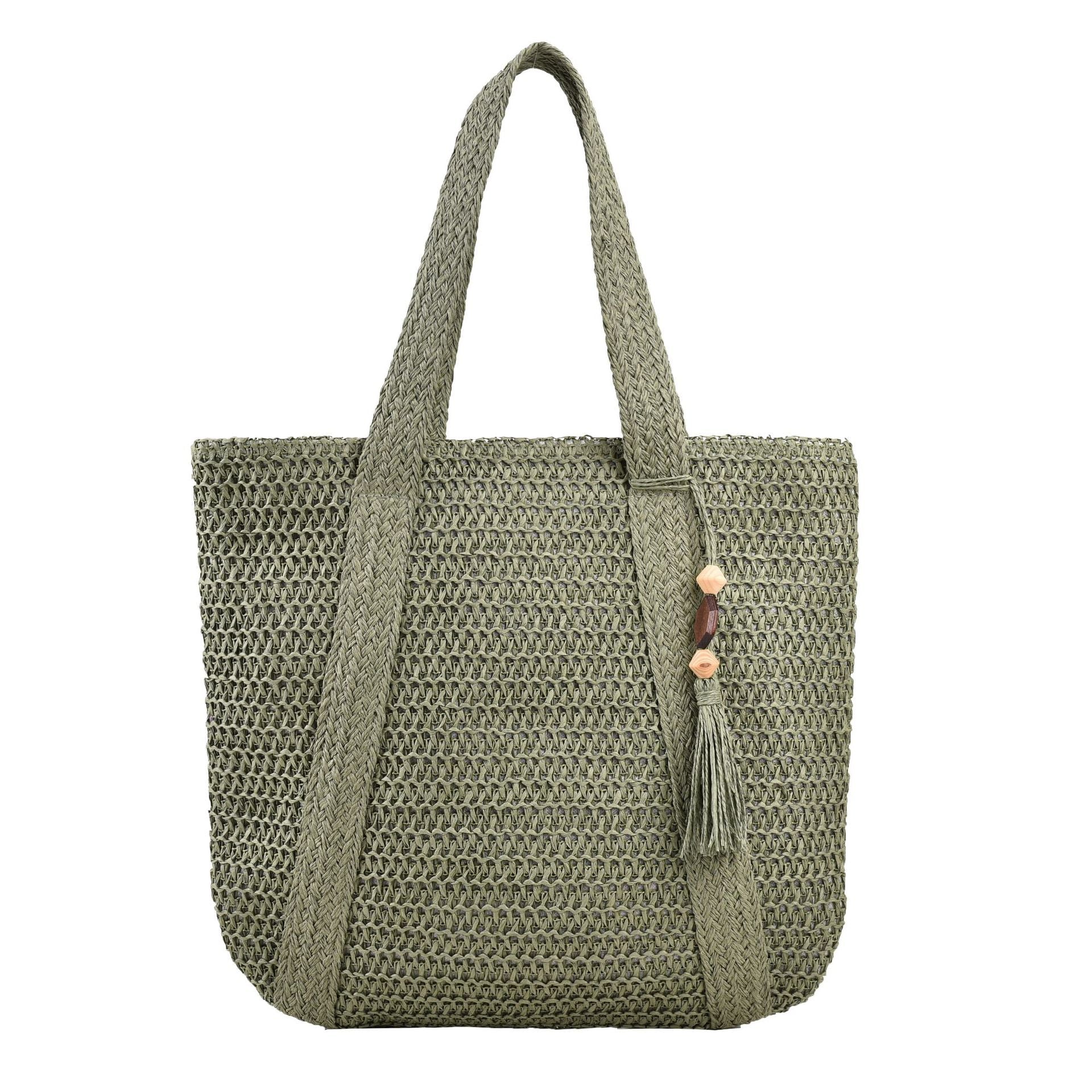 Borsa da donna casual con tracolla in carta, corda e pendente in legno di mogano, stile spiaggia e moda Valstrend.