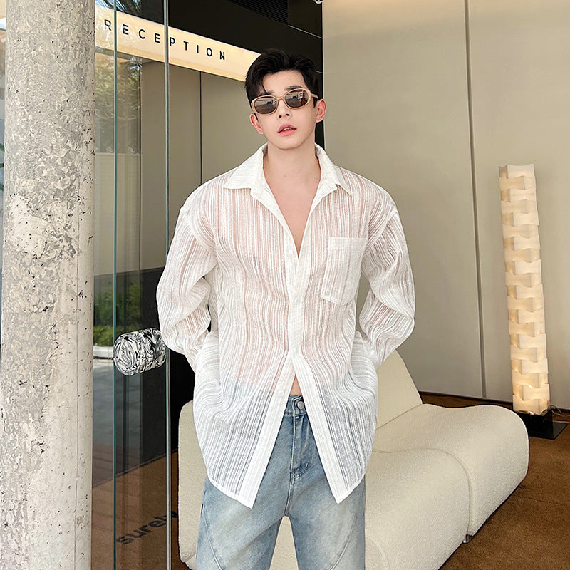 Camicia a maniche lunghe protettiva trasparente Valstrend da uomo, tessuto con texture, ideale per protezione solare.
