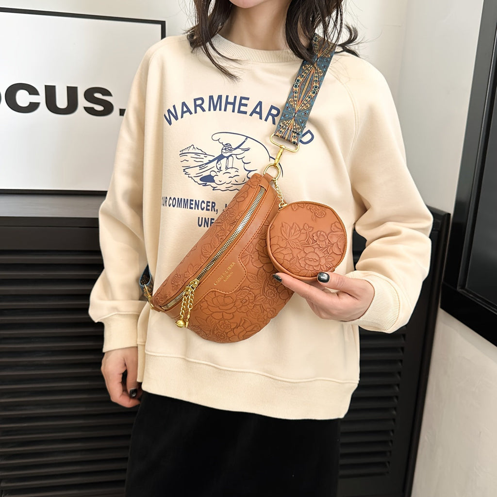 Vintage Flower Pattern Crescent Crossbody Bag, Classic Textured Crossbody Bag With Hanging Mini Round Purse