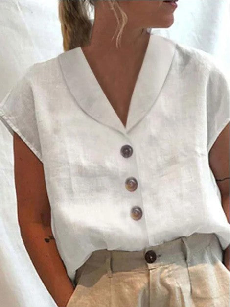 Top da donna in cotone e lino, stile europeo e americano, marca Valstrend, mostrato su una modella con dettagli di design.