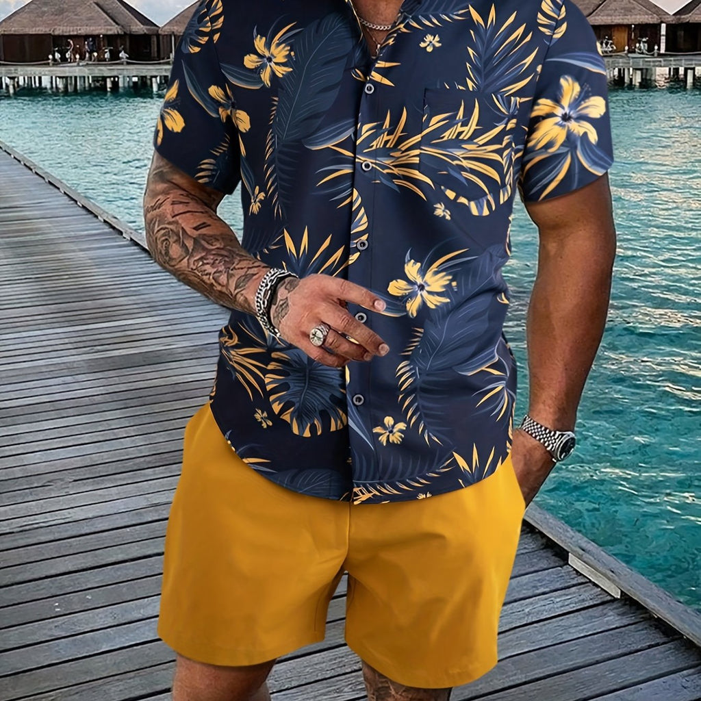 Completo estivo da uomo Valstrend, camicia a maniche corte con bottoni e pantaloncini solidi con tasche, perfetto per vacanze e resort.