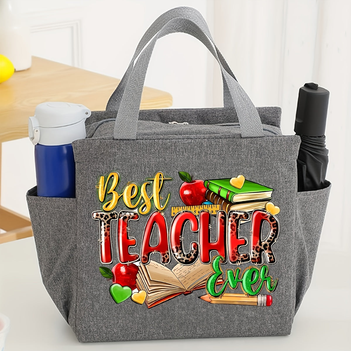 Borsa lunch termica in tessuto canvas con design insegnante, isolamento in foil, porta-thermal, con cerniera e decorazioni insegnante.