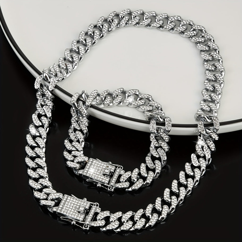 Set di gioielli hip hop con collana e bracciale cubano con strass brillanti, stile unisex in argento o oro, ideale per outfit quotidiani.