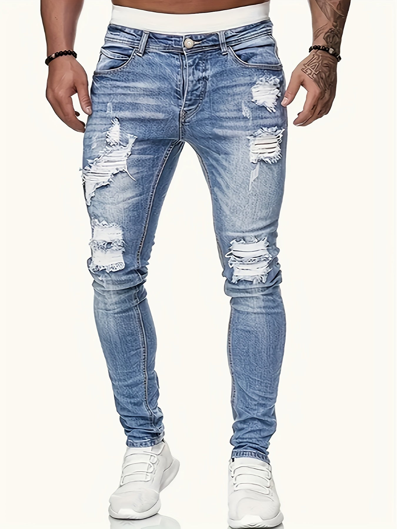 Jeans uomo slim fit in denim strappato Valstrend con dettaglio lavato, elasticità media, tessuto misto cotone, lunghezza regolare.