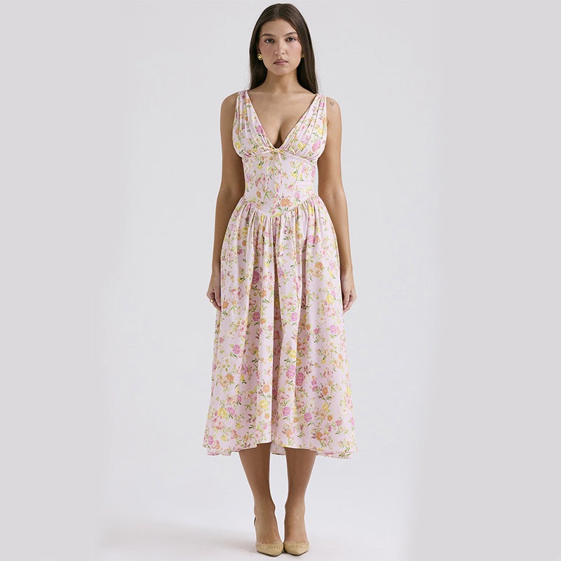 Vestito a trapezio con scollo a V, stampa floreale, vita stretta, gonna ampia e tasche, abbigliamento estivo donna Valstrend.
