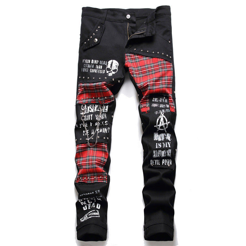 Pantaloni da uomo Valstrend con cuciture patchwork, elastici, borchie e stile hip hop in denim, pantaloni skinny aderenti e alla moda