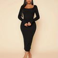 Solid Square Neck Dress, Elegant Long Sleeve Bodycon Dress, Women's Clothing
