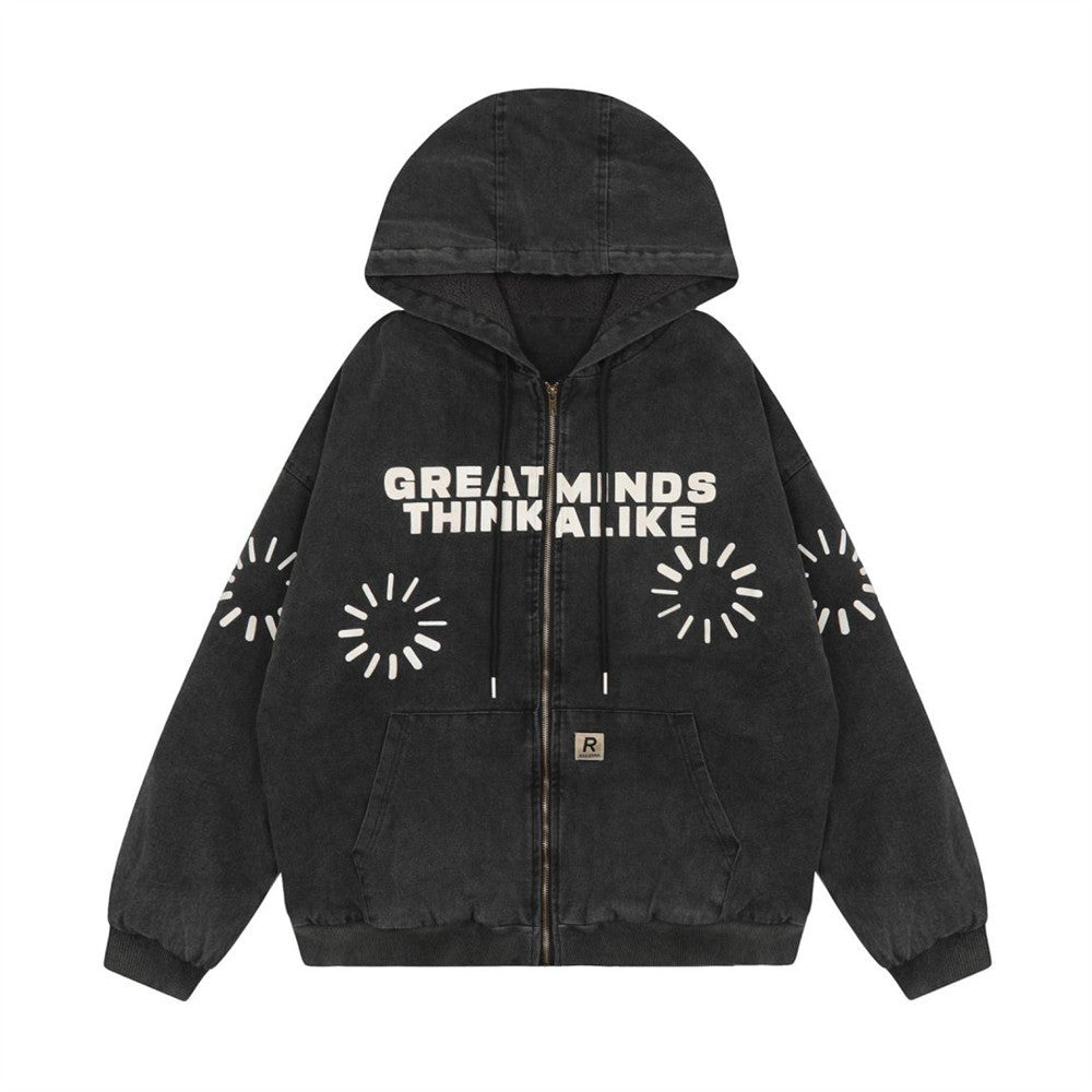 Cardigan Valstrend con stampa di lettere lavata e usata, zip completo, morbido e casual, ideale per uno stile rilassato.