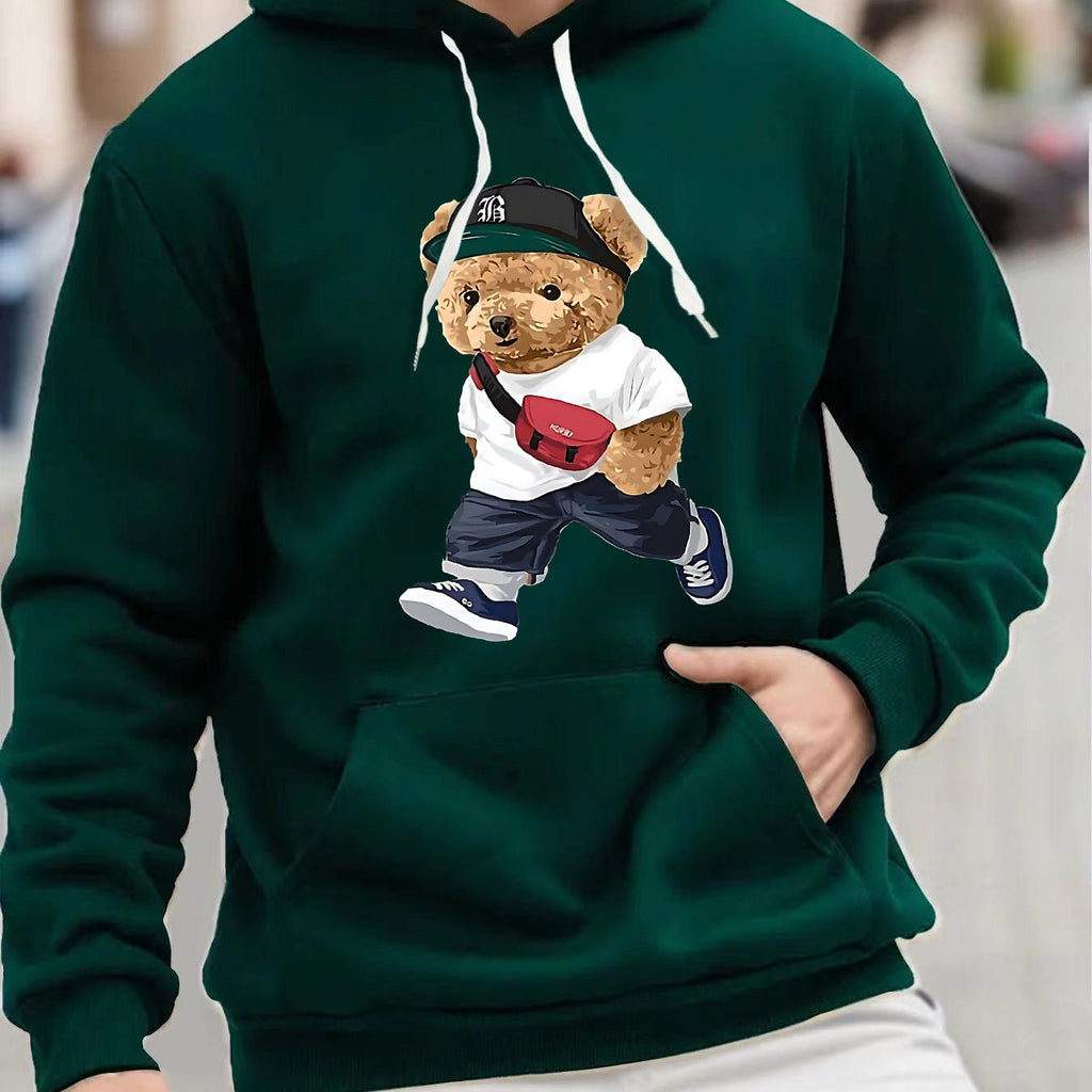 Fashion Teddy Bear Graphic Print, Men's Fashion Casual Hoodie With Drawstring And Kangaroo Pocket Design, Comfy Long Sleeves Pullover Hoodie, Autumn And Winter Top For Men