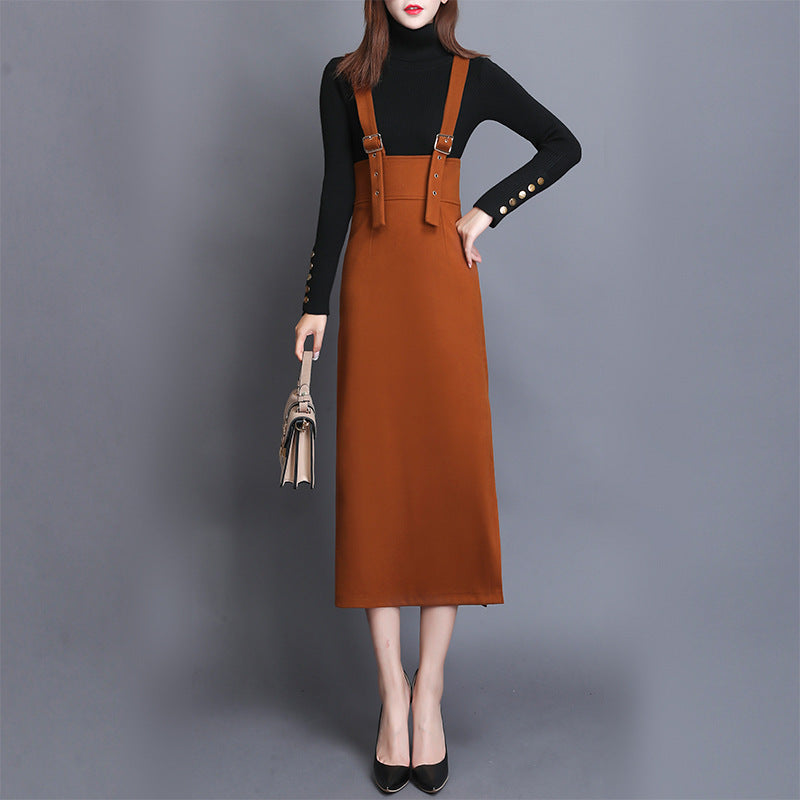Women's Fashion Woolen Solid Color Suspender Skirt