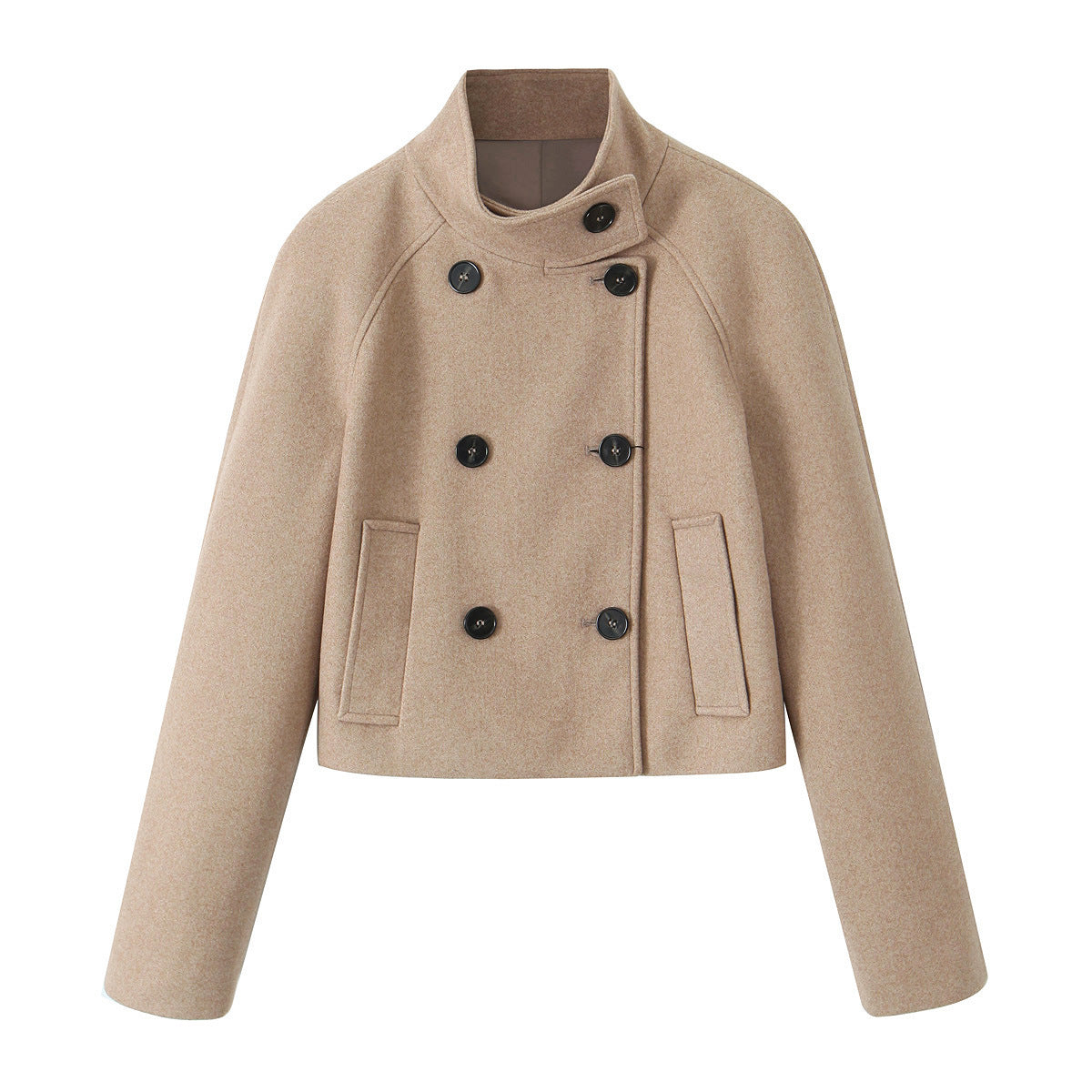 Cappotto corto decorativo in lana con colletto a stand, marca Valstrend, mostrato su una modella in immagine.