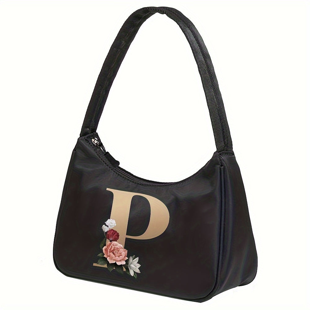 Floral Letter Print Shoulder Bag, Fashion Nylon Underarm Bag, Women's Zipper Handbag & Purse