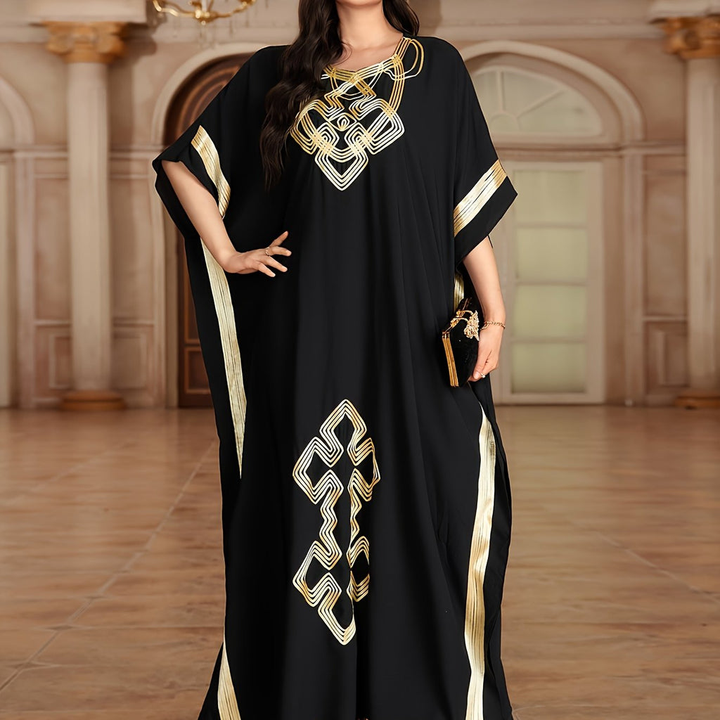 Vestito kaftan etnico con stampa, maniche a pipistrello e vestibilità morbida, abbigliamento donna Valstrend.