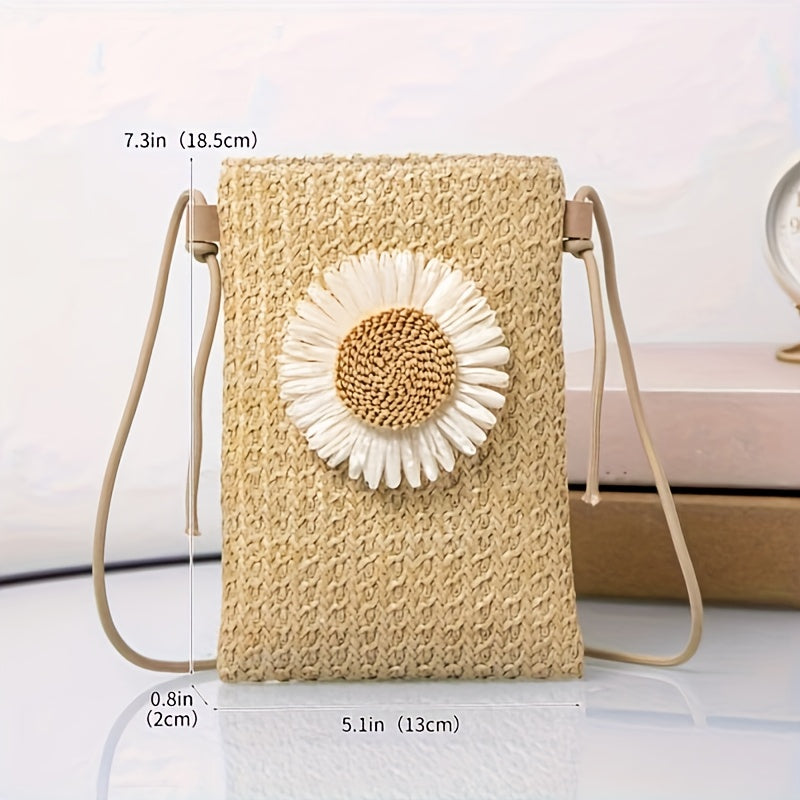 Women's Mini Boho Weave Crossbody Bag, Small Daisy Sunflower Clutch, Simple Straw Shoulder Purse