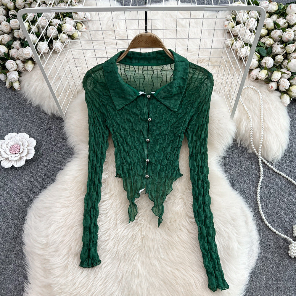 French Retro Sexy See-through Long Sleeves Irregular Short Dovetail Shirt