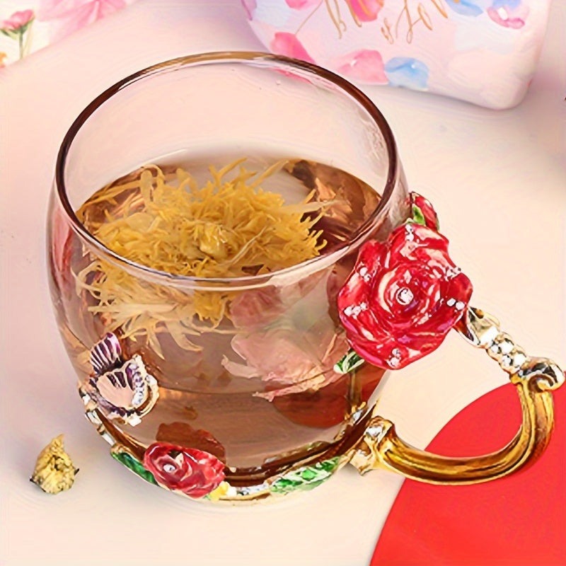 1pc, Glass Mug With Floral Design, , Reusable Clear Glass Cups For Espresso, Cappuccino, Tea, Juice, And More, Perfect Holiday Gift, Birthday Gift, Household Gadgets