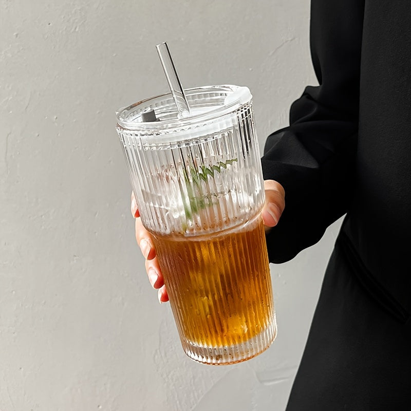 Striped Glass Tumbler Set with Lid & Straw - Large Capacity, Reusable for Cold Drinks, Juice & Coffee - Perfect for Home, Office & Parties
