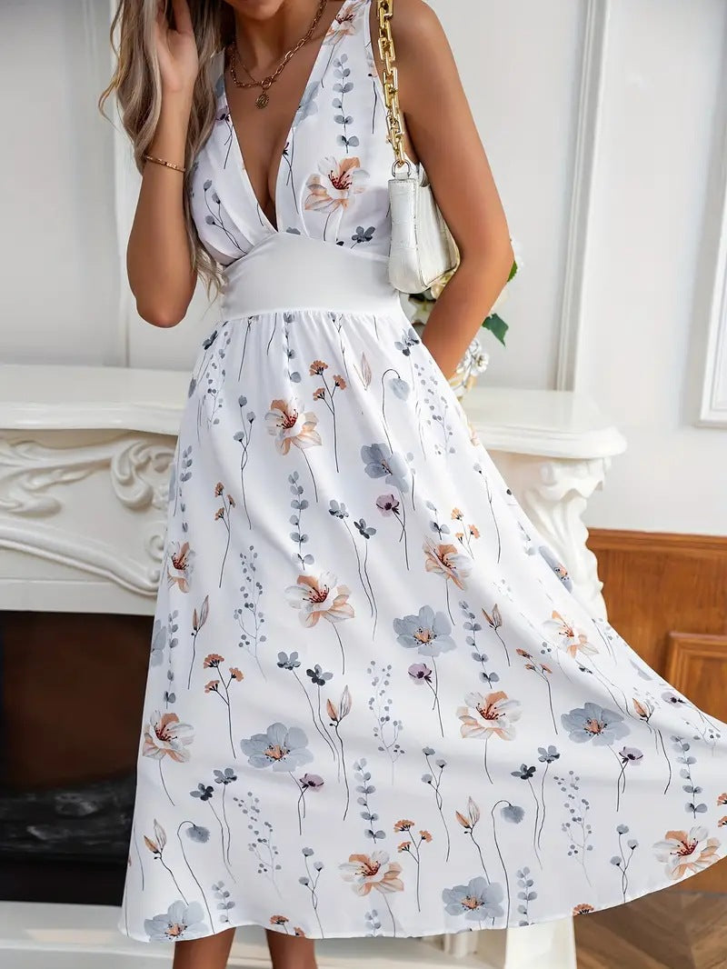 Vestito donna estivo Valstrend con scollo a V, vita alta, senza maniche e stampa colorata, vestito leggero e alla moda.