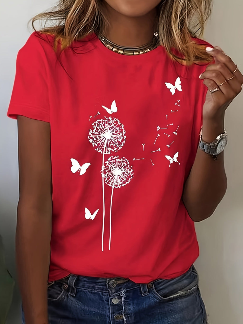 T-shirt donna Valstrend con stampa di Dandelion, maniche corte e collo rotondo, ideale per primavera e estate.