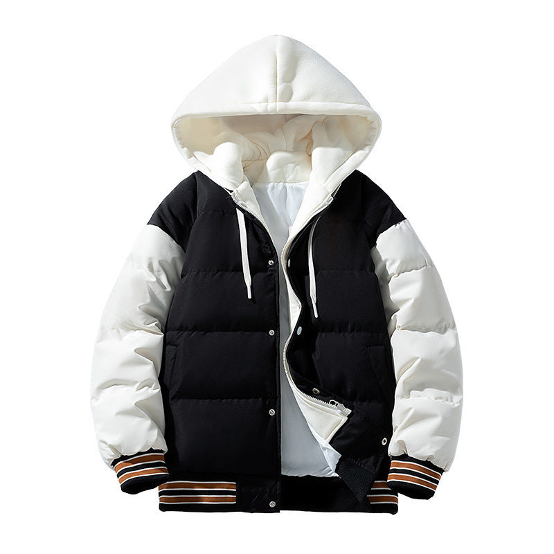 Giaccone imbottito in cotone con cappuccio e dettagli finti, stile spesso Valstrend shop, vista frontale con tasche laterali