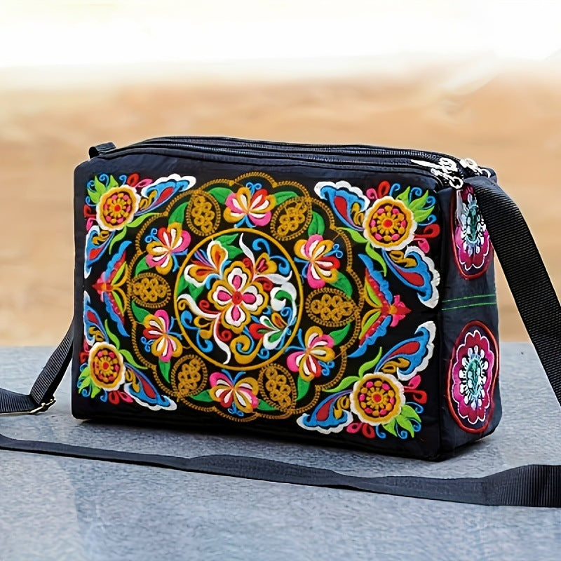 Borsa a tracolla donna Valstrend in tela con ricamo su entrambi i lati, stile versatile e dettagli eleganti.