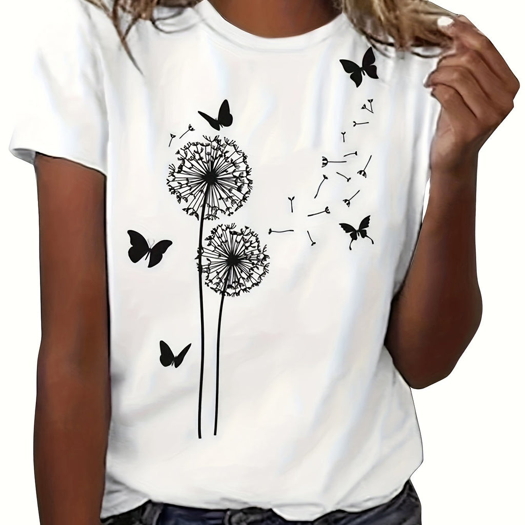 T-shirt donna Valstrend con stampa di Dandelion, manica corta e scollo rotondo, ideale per primavera ed estate.