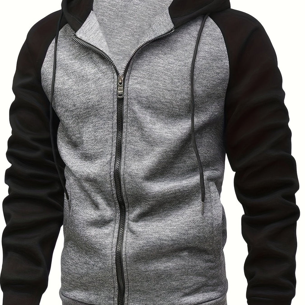 Men's Color Block Zip-Up Hoodie - Casual Long Sleeve with Kangaroo Pocket, Polyester Blend, Machine Washable - Perfect for Fall/Winter