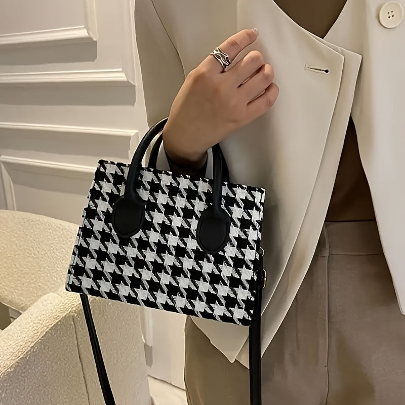 Women's Fashion Houndstooth Handbag, Autumn/Winter New Arrival, Faux Leather, Casual Shoulder Crossbody Bag, Black, Washable, No Oil Edges, Faux Leather Lining, City Theme, Zipper Closure, No Included Accessories