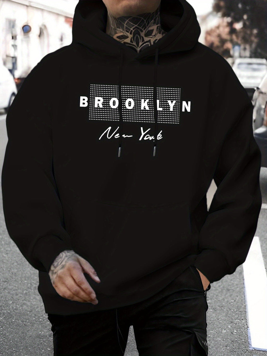 Men'S Brooklyn New York Graphic Print Hoodie - Casual Knit Fabric Pullover with Drawstring Hood for Fall/Winter, Regular Fit, 100% Polyester, Long Sleeve Hooded Sweatshirt