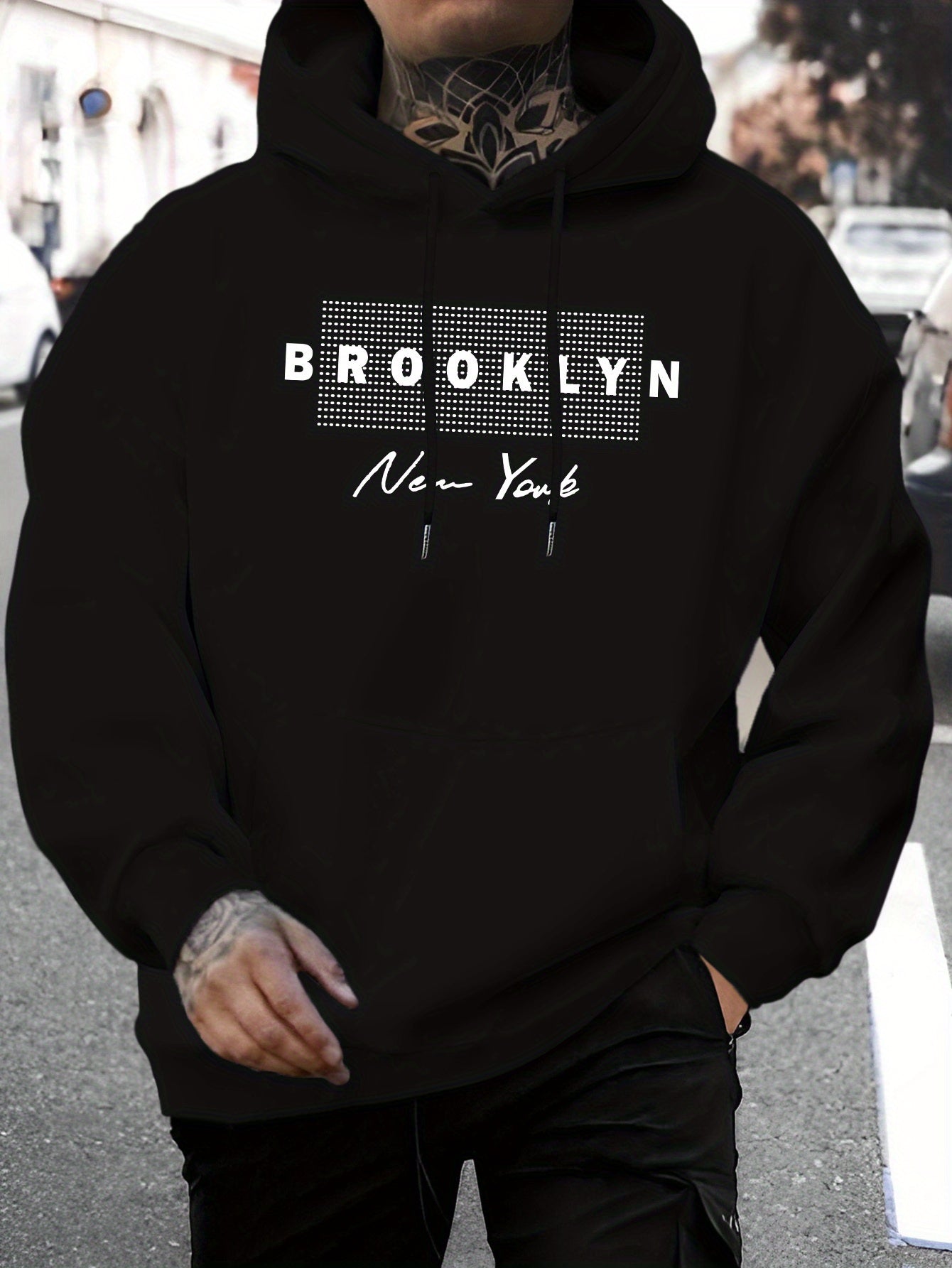 Men'S Brooklyn New York Graphic Print Hoodie - Casual Knit Fabric Pullover with Drawstring Hood for Fall/Winter, Regular Fit, 100% Polyester, Long Sleeve Hooded Sweatshirt