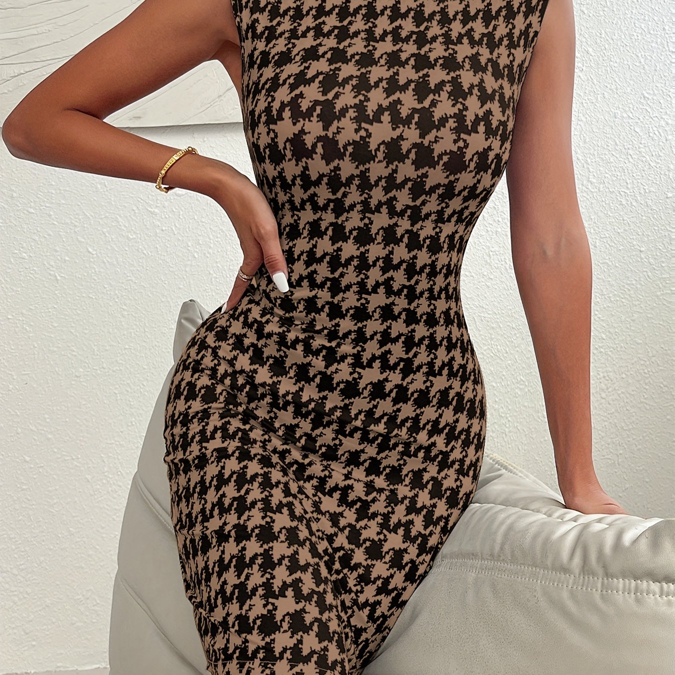 Houndstooth Print Mock Neck Bodycon Dress, Elegant Sleeveless Dress For Spring & Summer, Women's Clothing