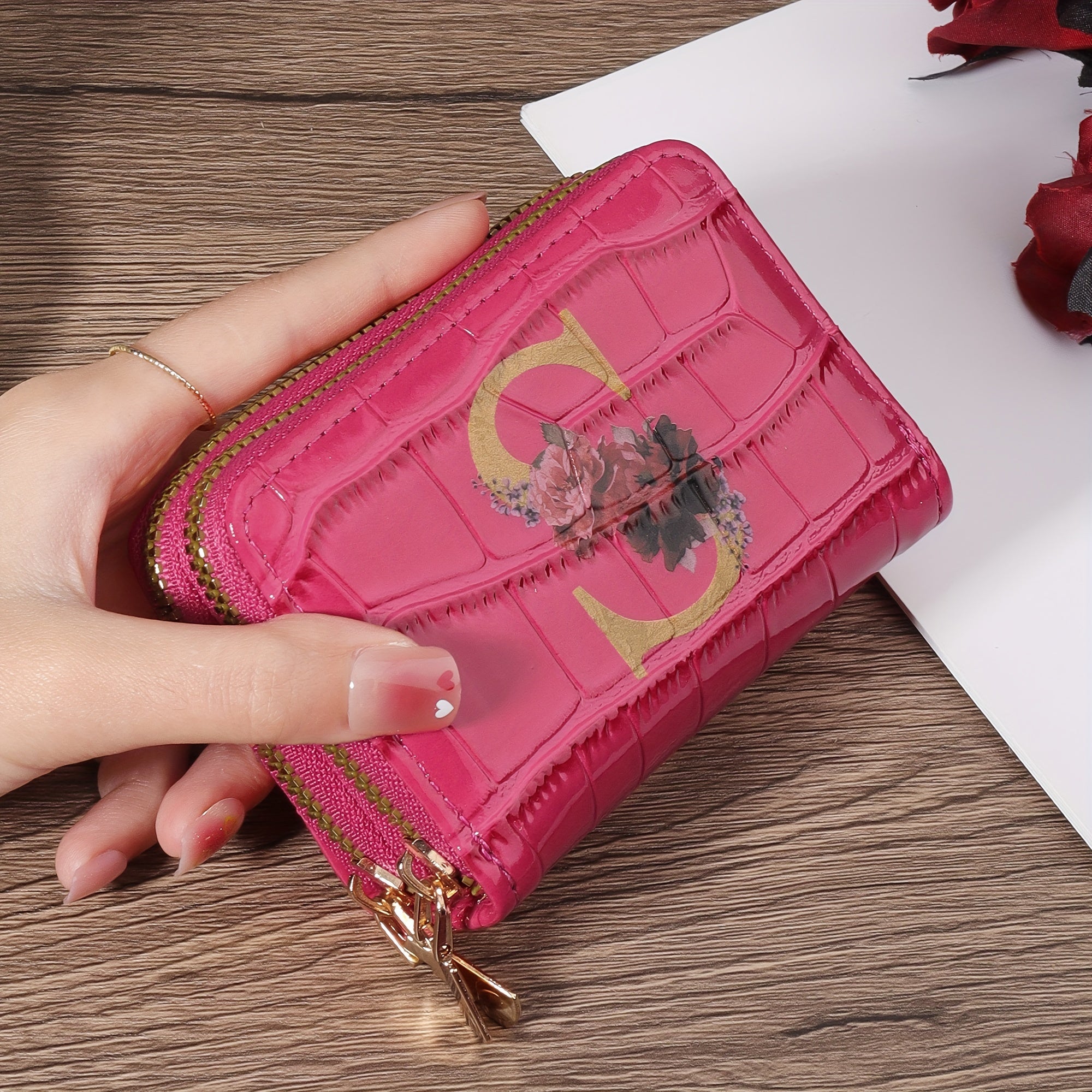 Portafoglio portacarte Valstrend con motivo floreale, piccolo, con zip, ideale per donne o uomini, a forma di portafoglio a fisarmonica.
